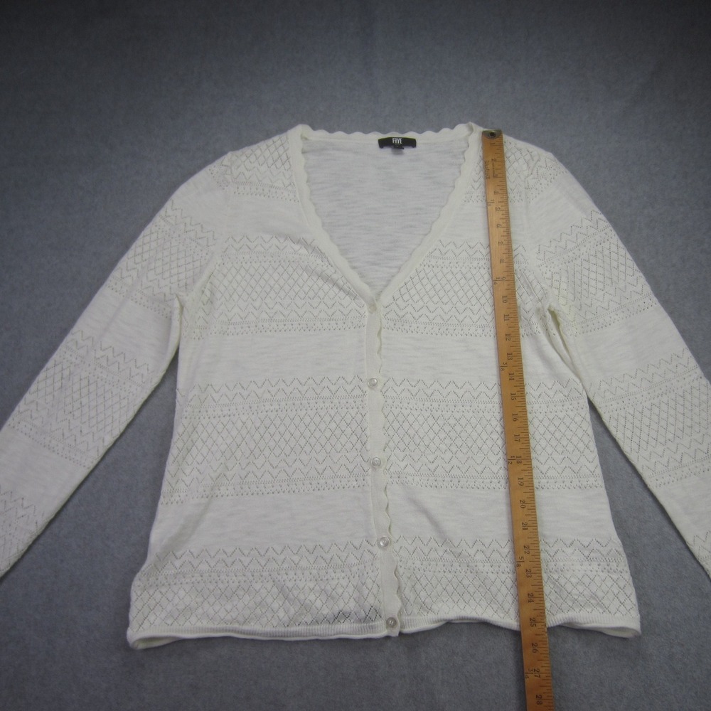 FRYE Sweater Womens‎ XL White Pointelle Scalloped V Neck Button Front Cardigan - Picture 10 of 16